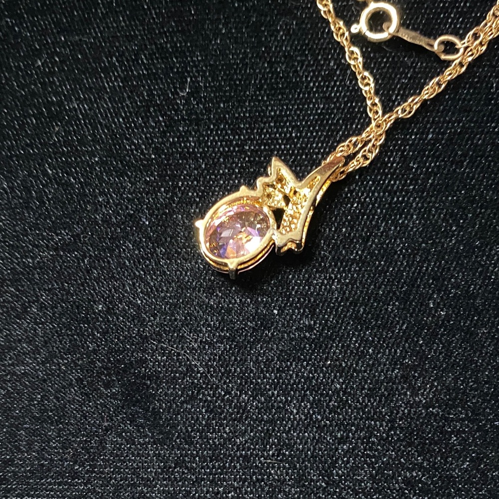 Vintage Gold plated sterling silver pink crystal Pendant and 18” chain Necklace - Picture 8 of 15